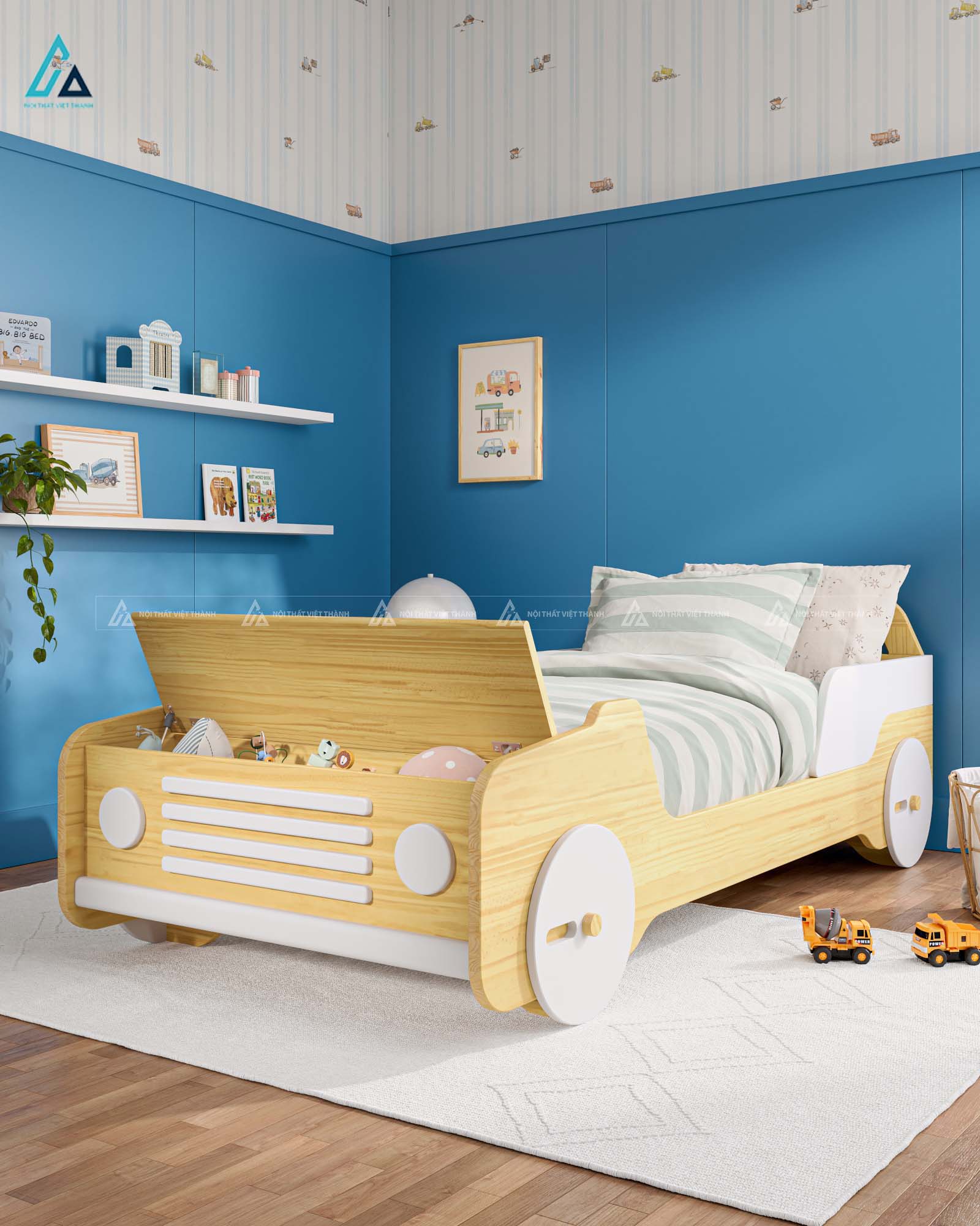 Giường Ngủ Trẻ Em Hình Xe Ô Tô Phối Trắng Sáng Tạo Cho Bé Trai Và Bé Gái