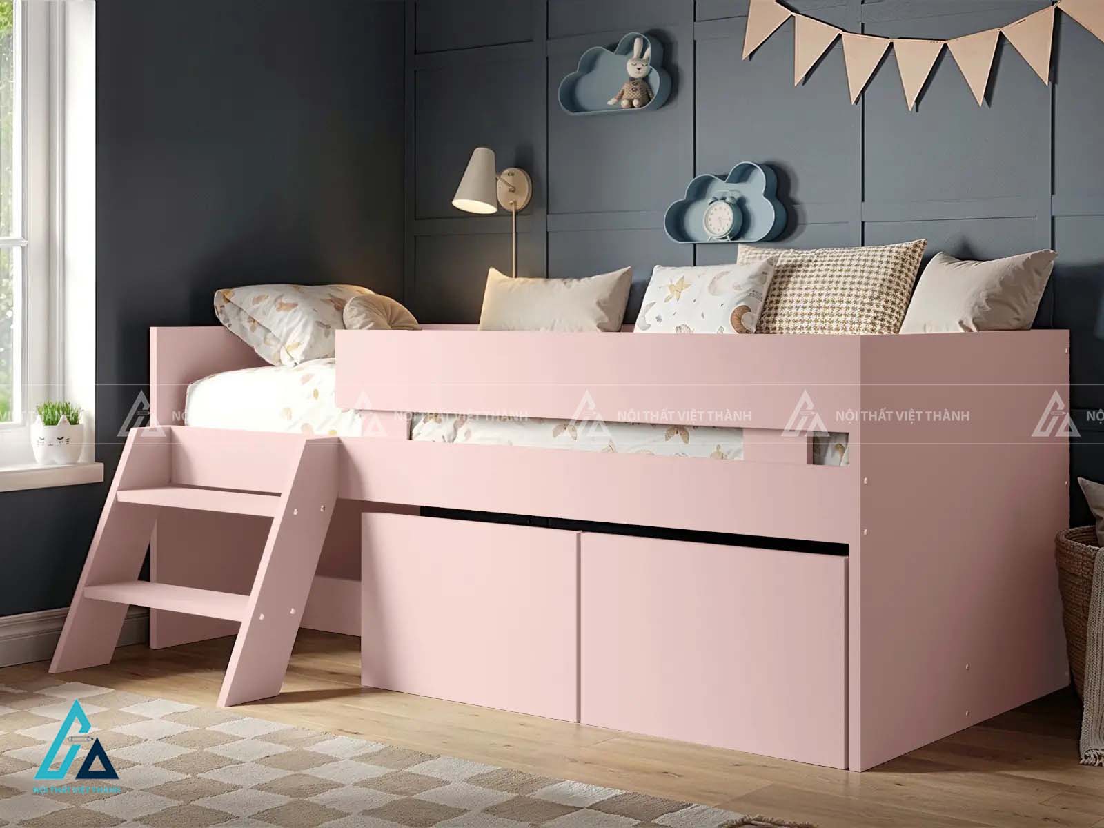 Giường Ngủ Trẻ Em Thiết Kế Hàng Rào Nan Dọc An Toàn Với Cầu Thang Độc Đáo