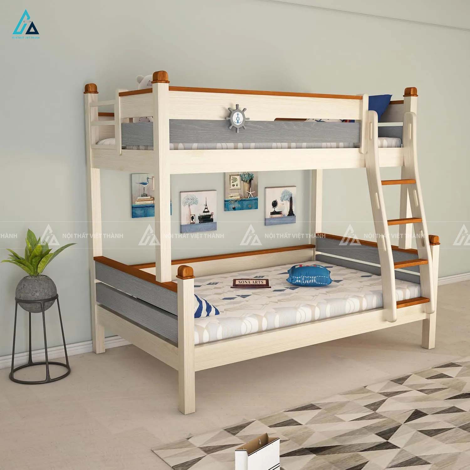 Giường Tầng Trẻ Em Tích Hợp Thang Leo Chống Trơn Trượt Và Thanh Chắn Bo Góc An Toàn