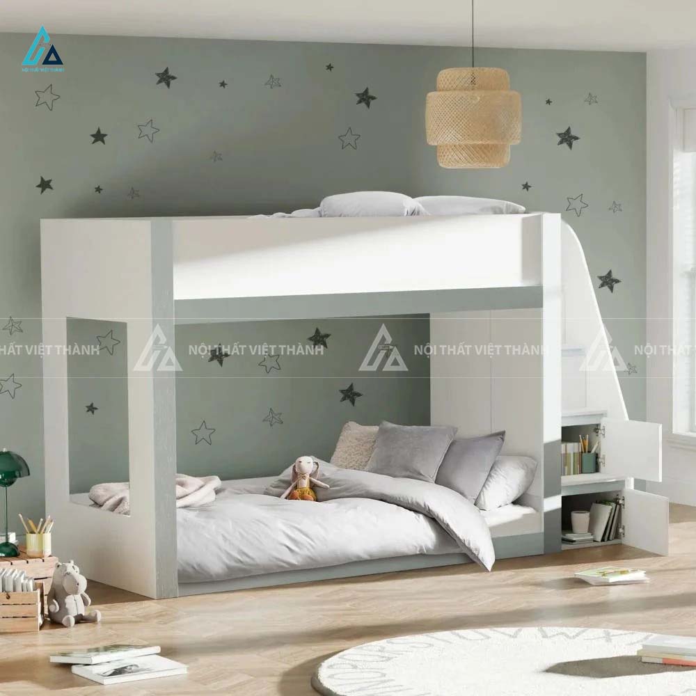 Giường Tầng Trẻ Em Màu Trắng Thiết Kế Tối Giản Tích Hợp Cầu Thang Đứng Tiết Kiệm Diện Tích