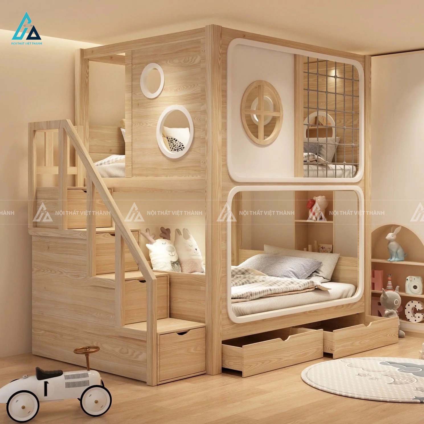 Giường Tầng Thiết Kế Bo Góc Tích Hợp Lưới Bảo Vệ An Toàn Và Cầu Thang Ngăn Kéo Đa Năng