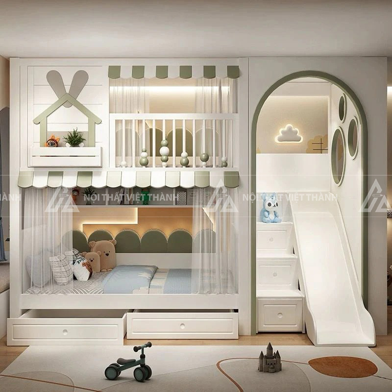 Giường Tầng Gác Mái Hình Ngôi Nhà Có Cầu Trượt Kết Hợp Khu Vui Chơi Và Ngăn Kéo Lưu Trữ Thông Minh 2
