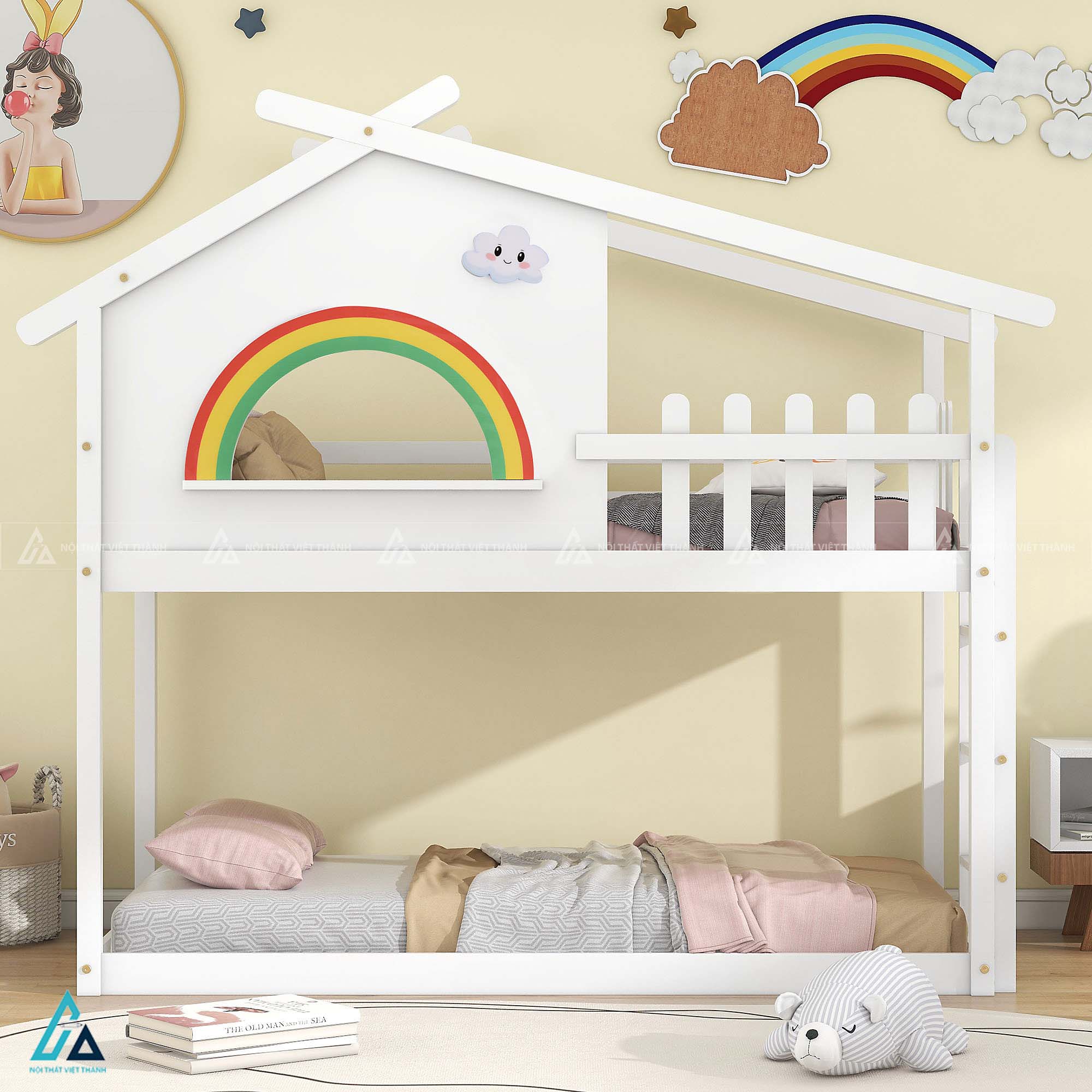 Giường Tầng Trẻ Em Hình Ngôi Nhà Sáng Tạo Tích Hợp Cửa Sổ Cầu Vồng Và Lan Can Hàng Rào An Toàn
