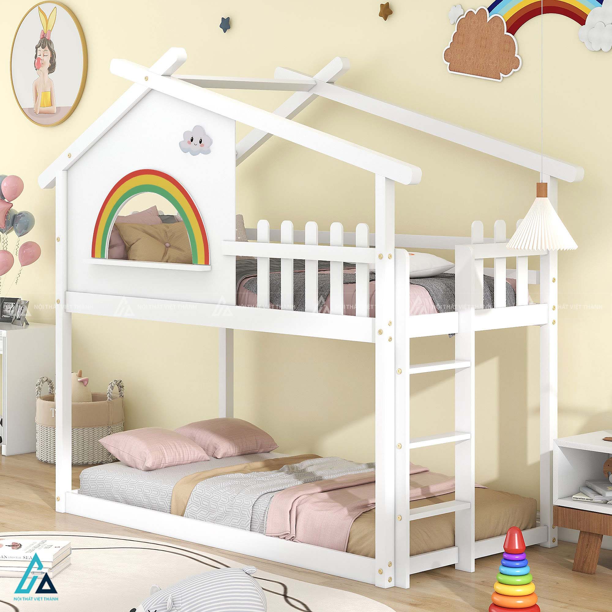 Giường Tầng Trẻ Em Hình Ngôi Nhà Sáng Tạo Tích Hợp Cửa Sổ Cầu Vồng Và Lan Can Hàng Rào An Toàn 1