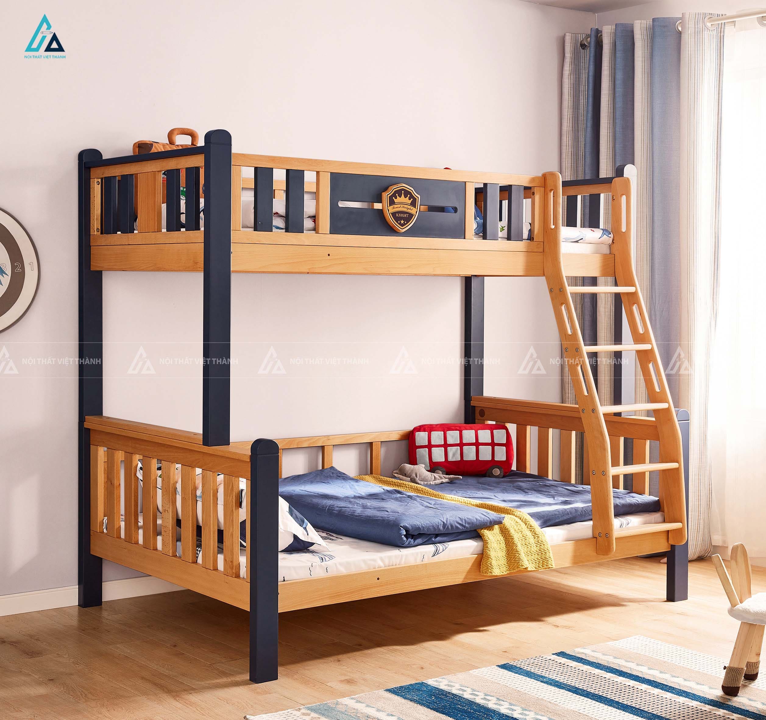 Giường Tầng Trẻ Em Tích Hợp Thang Leo Gắn Liền Và Thanh Chắn Bảo Vệ An Toàn 1