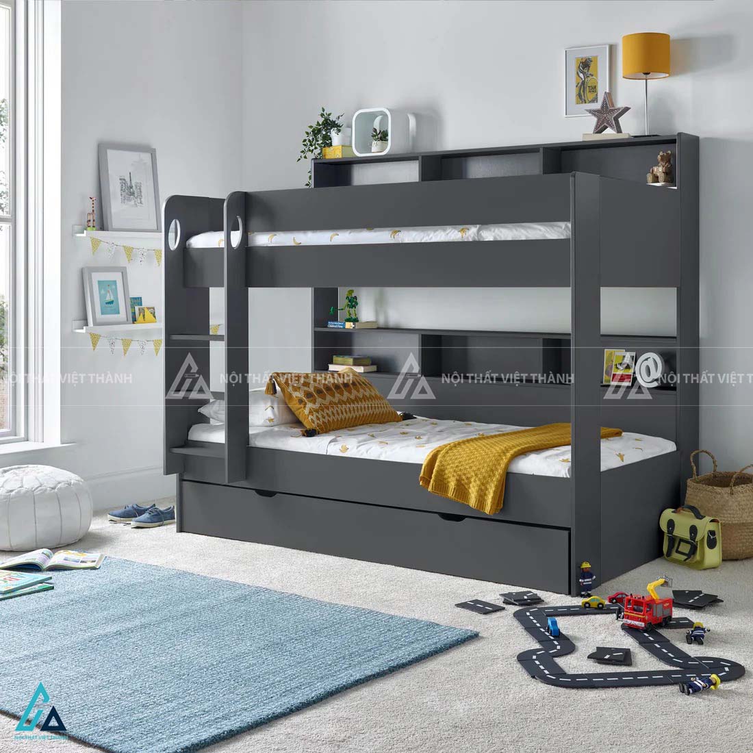 Giường Tầng Trẻ Em Thông Minh Tích Hợp Kệ Sách Và Ngăn Kéo Lưu Trữ Đa Năng 1
