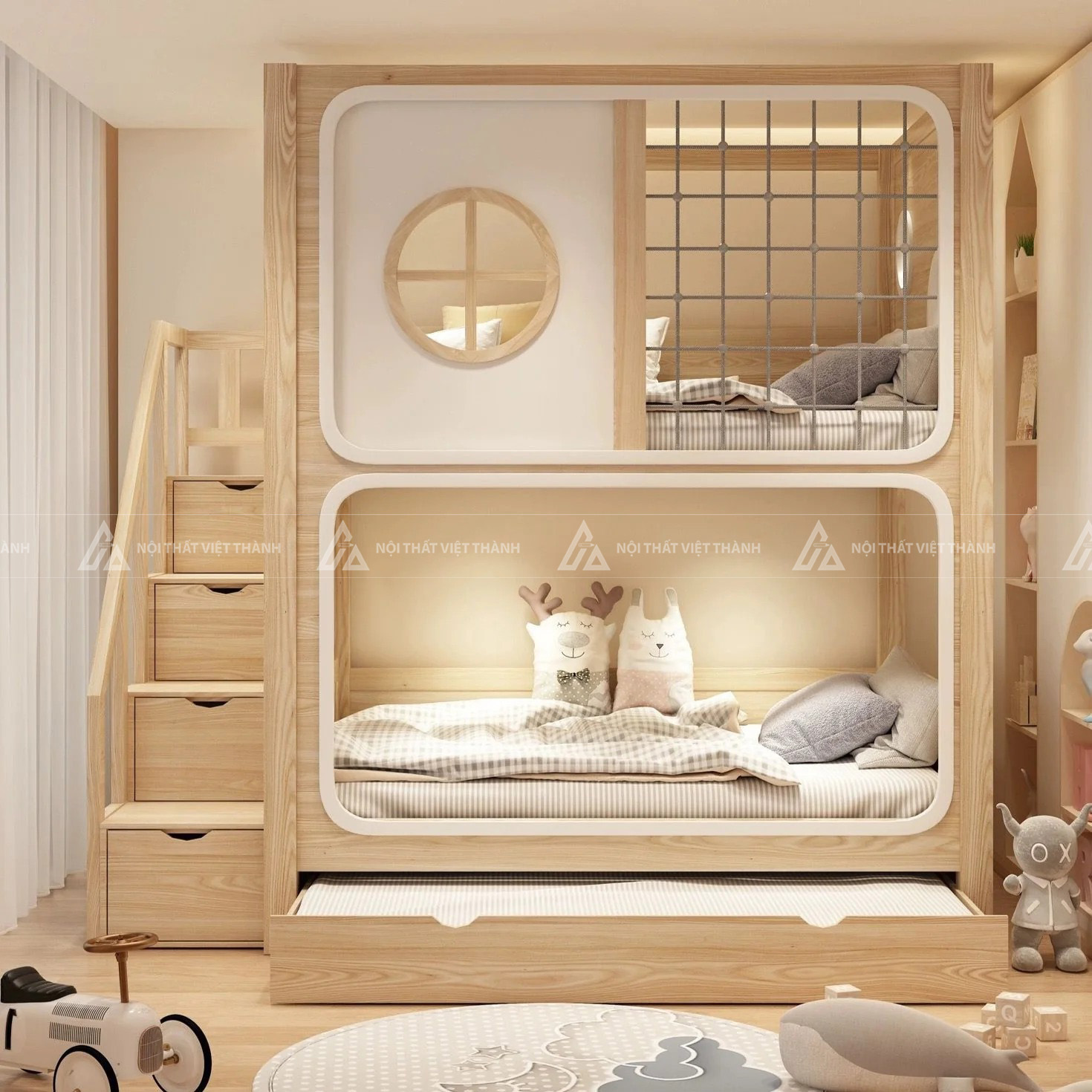 Giường Tầng Thiết Kế Bo Góc Tích Hợp Lưới Bảo Vệ An Toàn Và Cầu Thang Ngăn Kéo Đa Năng 2