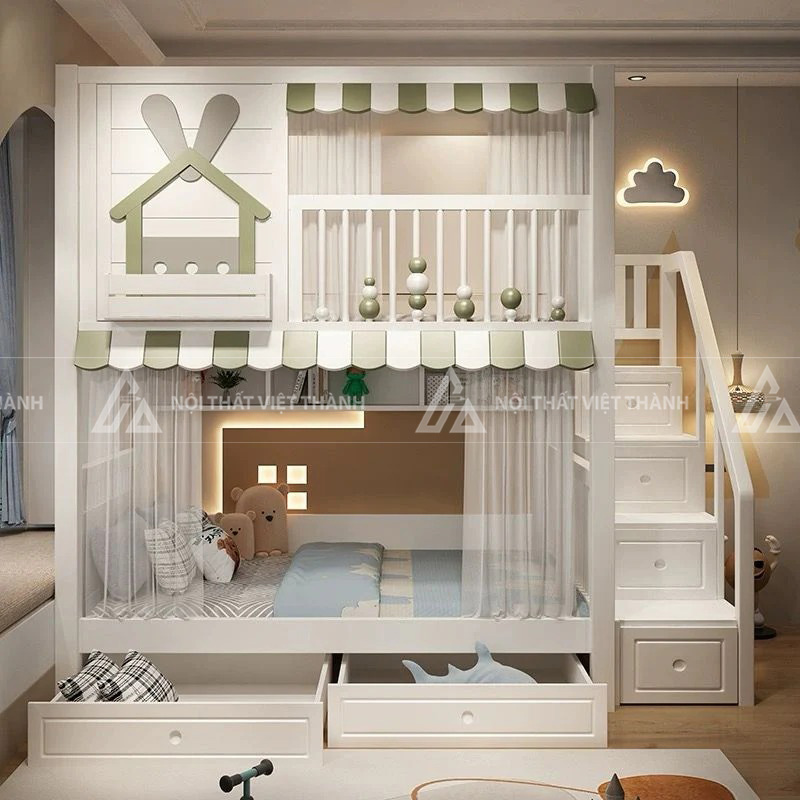 Giường Tầng Gác Mái Hình Ngôi Nhà Có Cầu Trượt Kết Hợp Khu Vui Chơi Và Ngăn Kéo Lưu Trữ Thông Minh 3