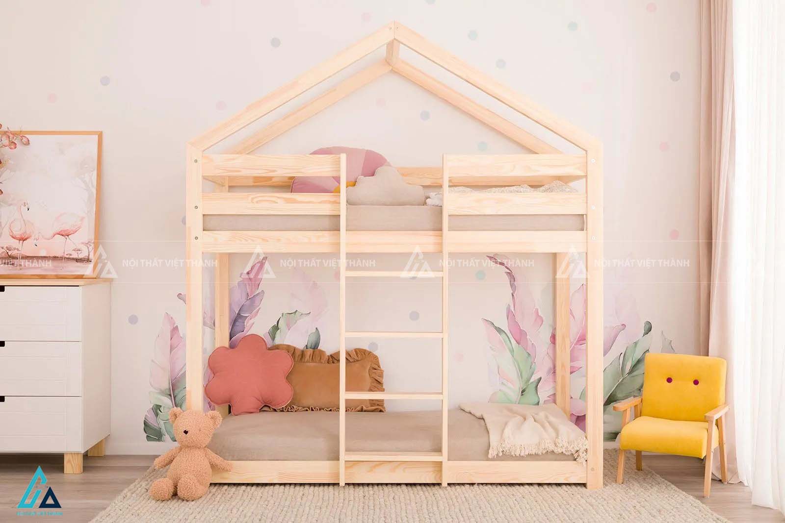 Giường Tầng Cho Bé Hình Ngôi Nhà Tích Hợp Giường Kéo Phụ Đa Năng Thông Minh
