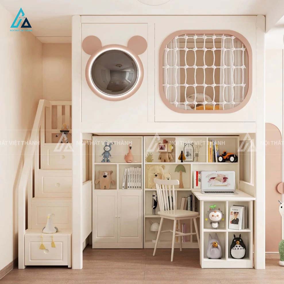 Giường Tầng Gác Mái Thông Minh Tích Hợp Bàn Học Giá Sách Và Cầu Thang Ngăn Kéo 1