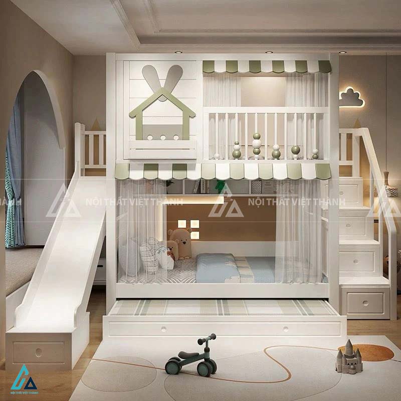 Giường Tầng Gác Mái Hình Ngôi Nhà Có Cầu Trượt Kết Hợp Khu Vui Chơi Và Ngăn Kéo Lưu Trữ Thông Minh 1