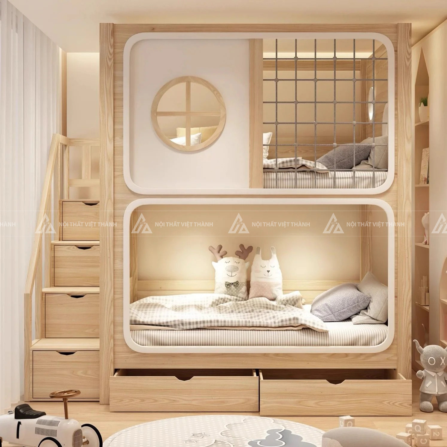 Giường Tầng Thiết Kế Bo Góc Tích Hợp Lưới Bảo Vệ An Toàn Và Cầu Thang Ngăn Kéo Đa Năng 3