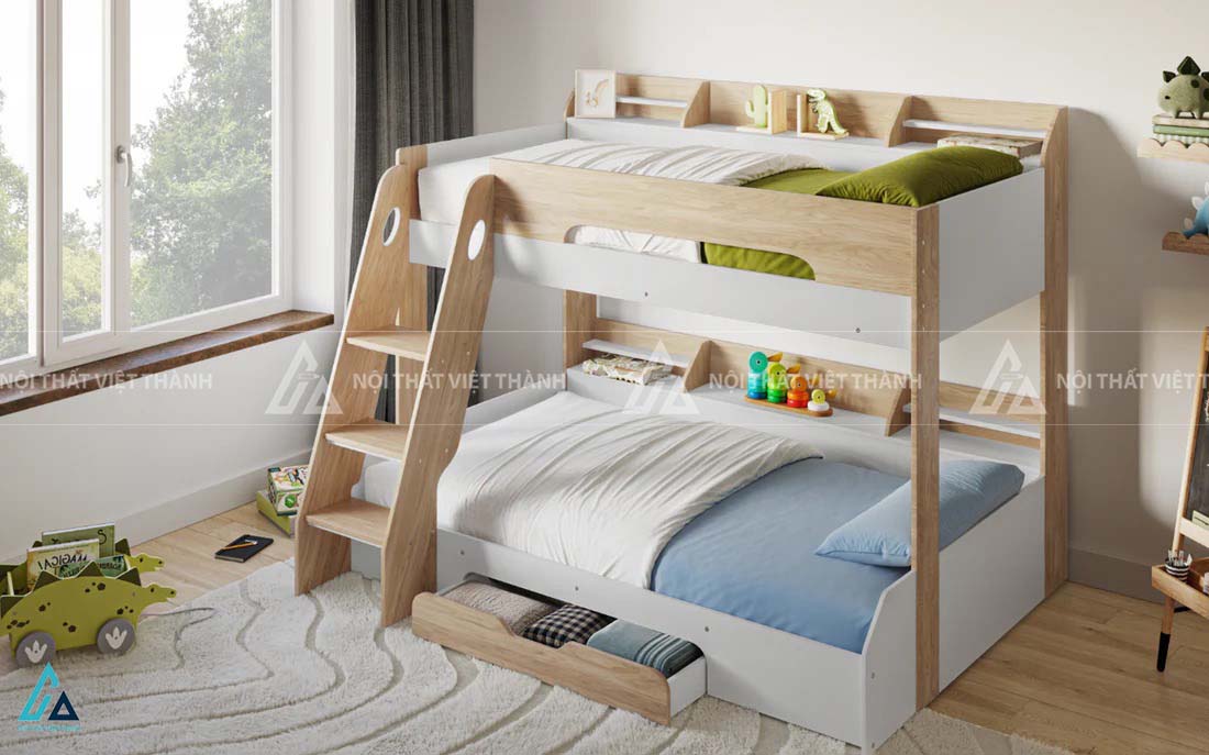 Giường Tầng Trẻ Em Tích Hợp Kệ Sách Đầu Giường Và Ngăn Kéo Gầm Giường Thông Minh