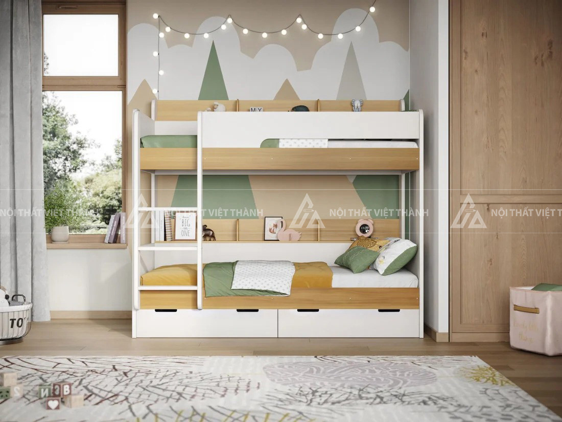 Giường Tầng Trẻ Em Thông Minh Tích Hợp Ngăn Kéo Gầm Giường Và Hệ Kệ Trang Trí Đa Năng 3