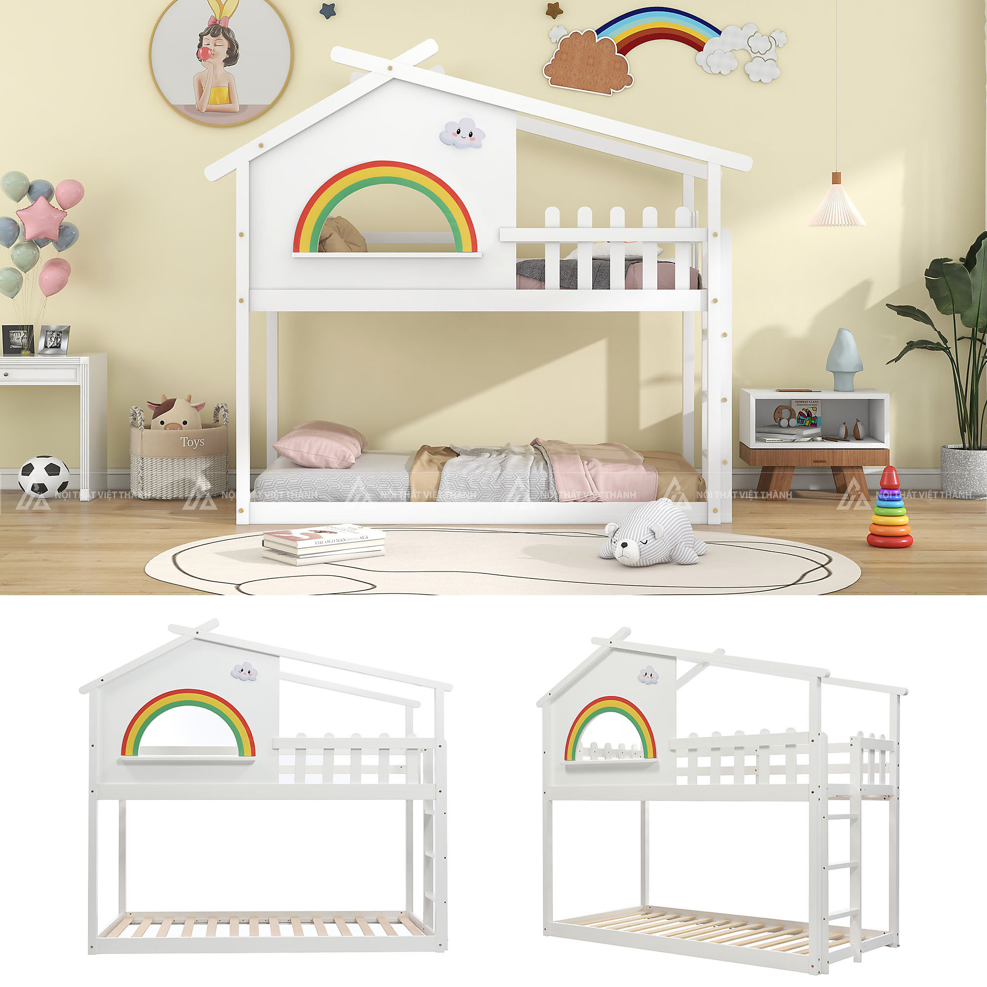Giường Tầng Trẻ Em Hình Ngôi Nhà Sáng Tạo Tích Hợp Cửa Sổ Cầu Vồng Và Lan Can Hàng Rào An Toàn 3