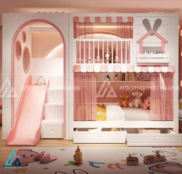 Giường Tầng Gác Mái Hình Ngôi Nhà Có Cầu Trượt Kết Hợp Khu Vui Chơi Và Ngăn Kéo Lưu Trữ Thông Minh