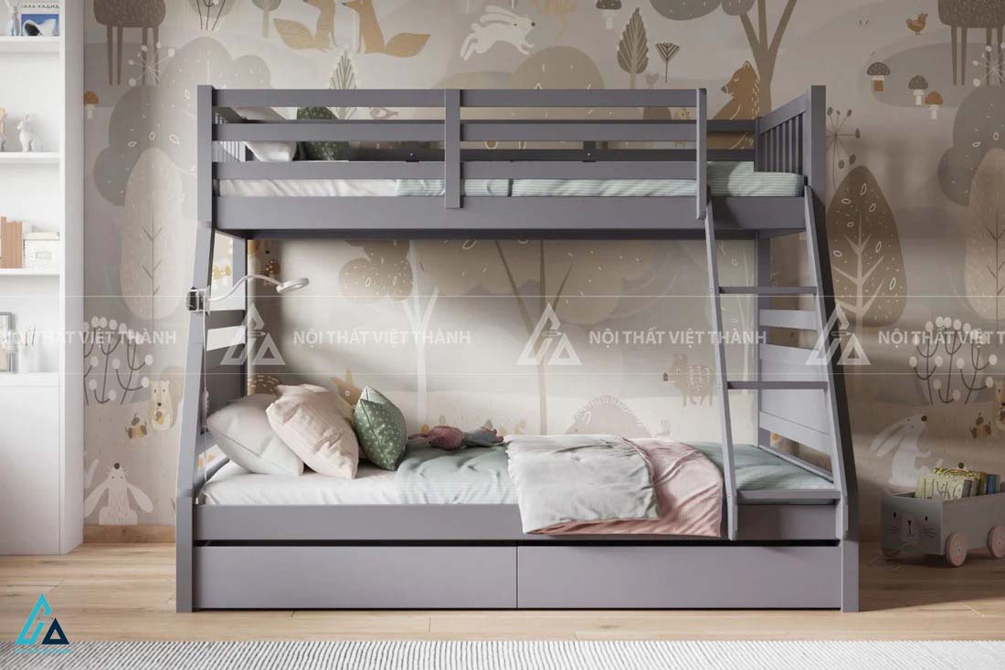Giường Tầng Trẻ Em Thiết Kế Chữ A Tích Hợp Ngăn Kéo Gầm Giường Và Cầu Thang Nghiêng An Toàn 1