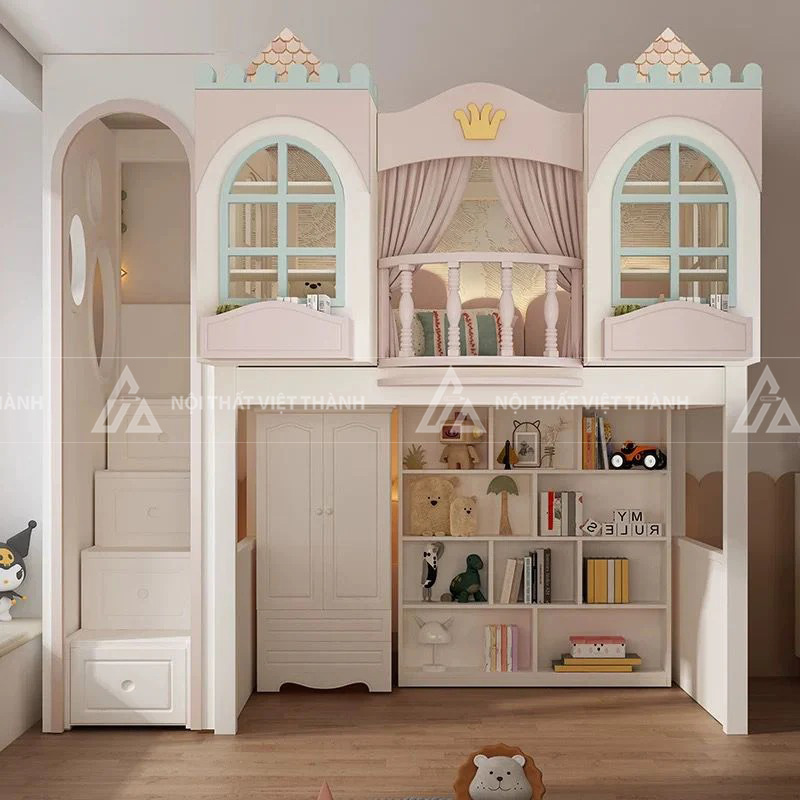 Giường Tầng Lâu Đài Có Cầu Trượt Kết Hợp Bàn Học Thông Minh Và Cầu Thang Ngăn Kéo Lưu Trữ 4