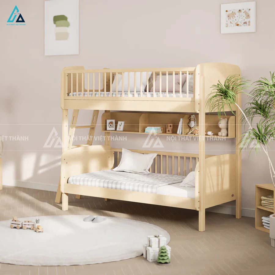 Giường Tầng Trẻ Em Tích Hợp Kệ Sách Và Lan Can Chắn An Toàn Toàn Diện