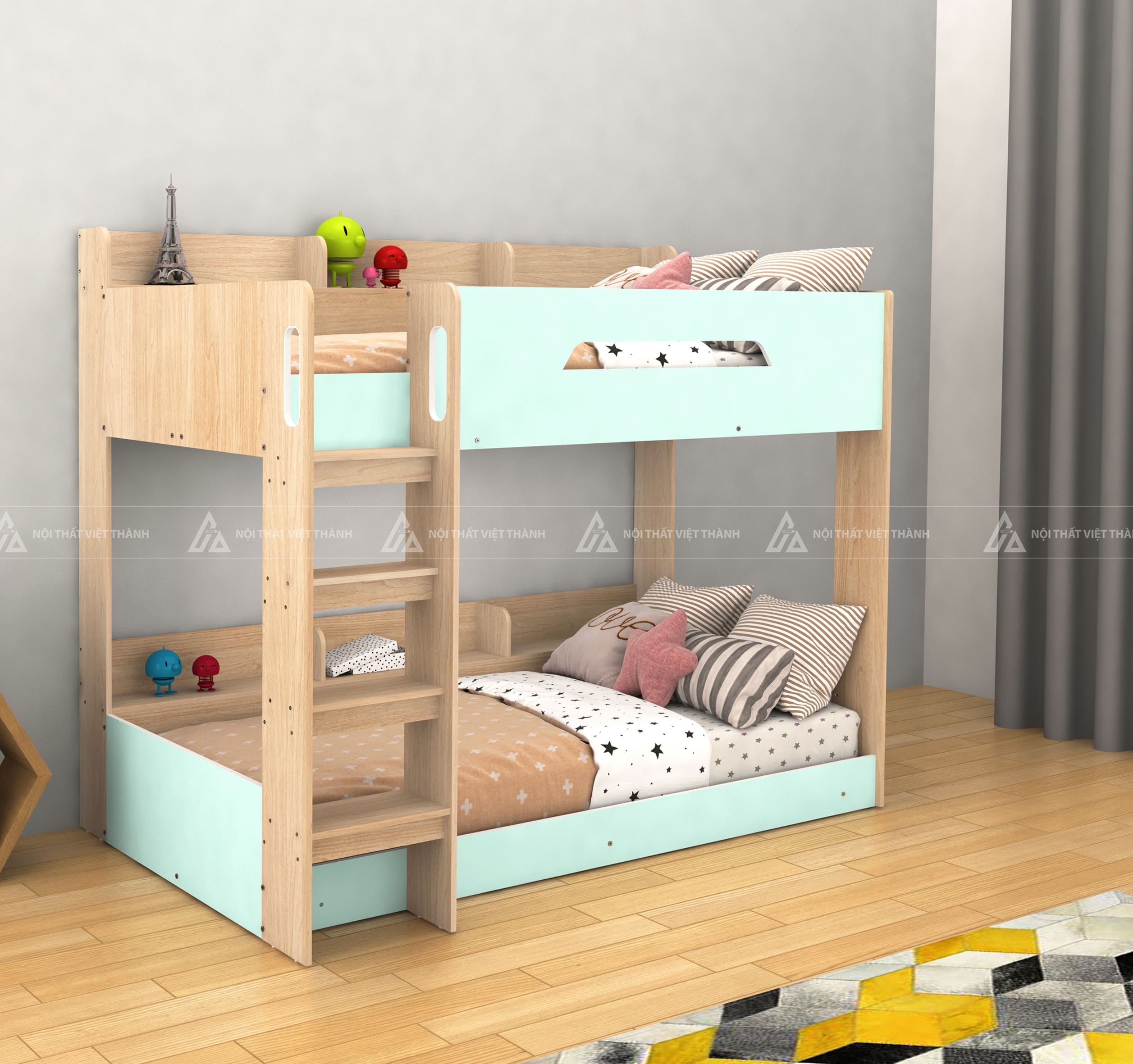 Giường Tầng Trẻ Em Tích Hợp Kệ Lưu Trữ Thông Minh Và Thang Leo Bản Rộng Tay Vịn An Toàn 5