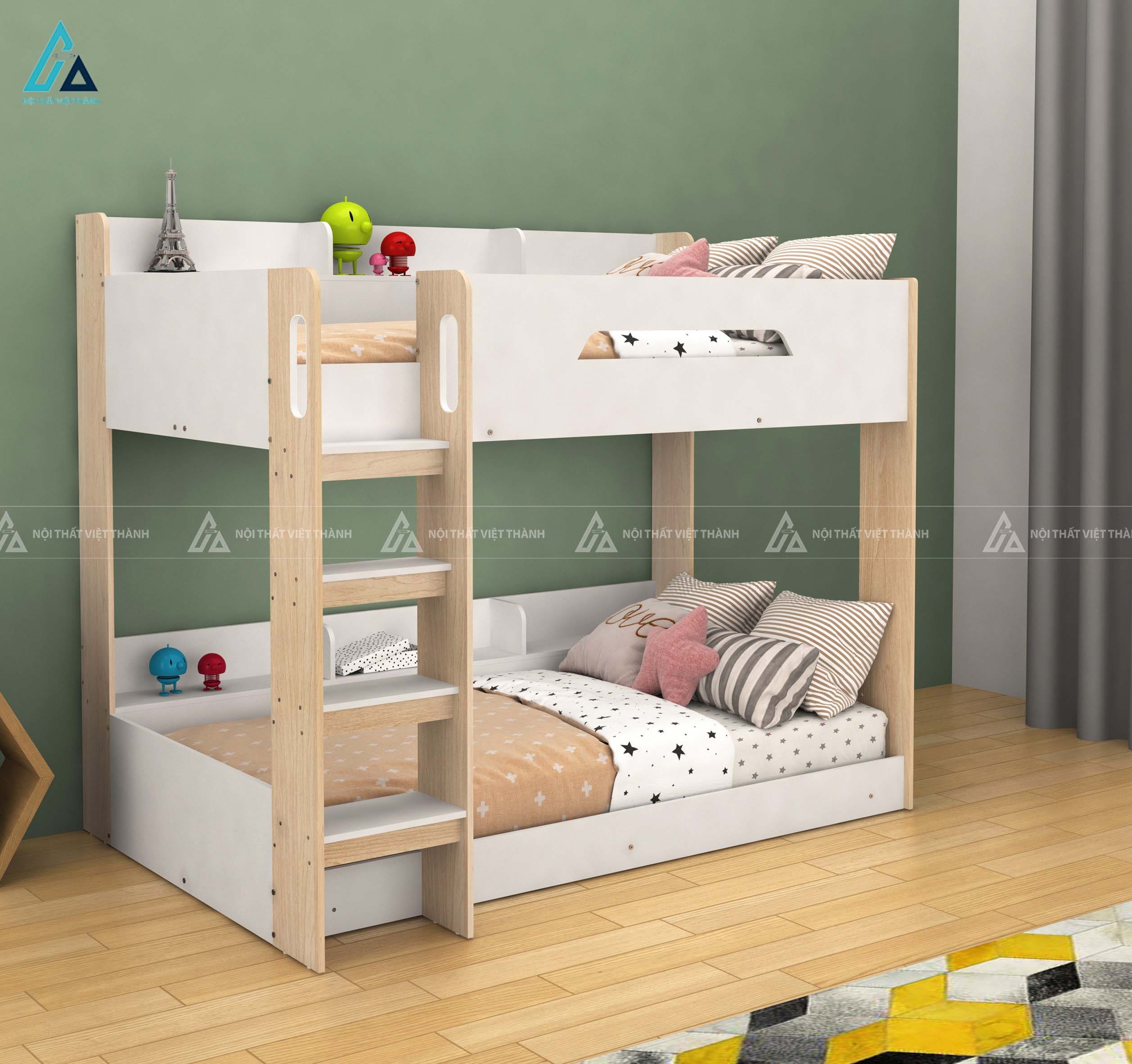 Giường Tầng Trẻ Em Hiện Đại Tích Hợp Kệ Sách Đầu Giường Và Thang Leo Bản Rộng An Toàn