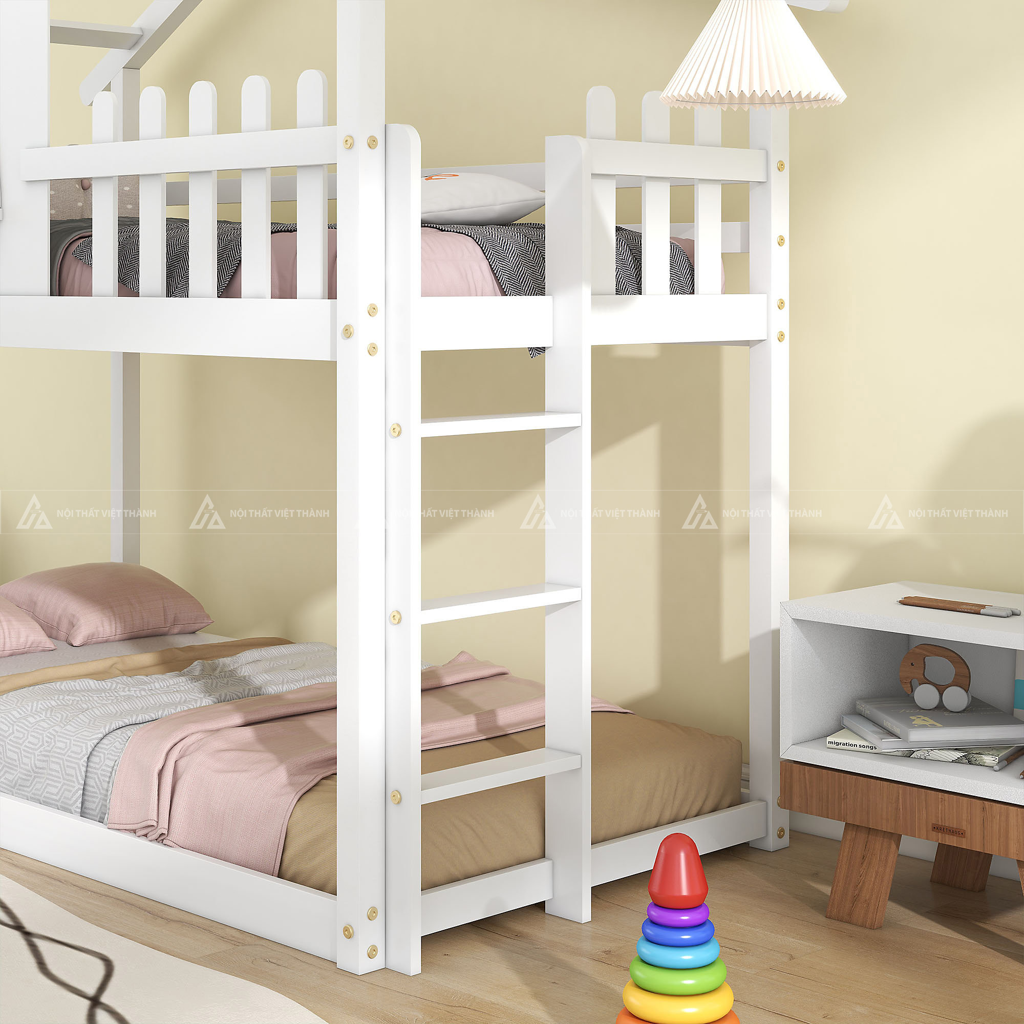 Giường Tầng Trẻ Em Hình Ngôi Nhà Sáng Tạo Tích Hợp Cửa Sổ Cầu Vồng Và Lan Can Hàng Rào An Toàn 5