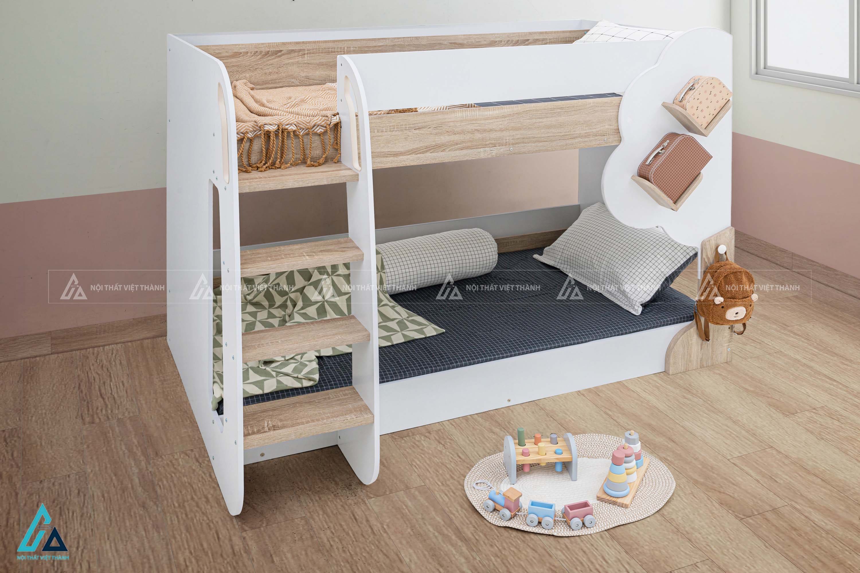 Giường Tầng Trẻ Em Gỗ Hiện Đại Tích Hợp Kệ Trang Trí Và Thang Leo Bản Rộng An Toàn