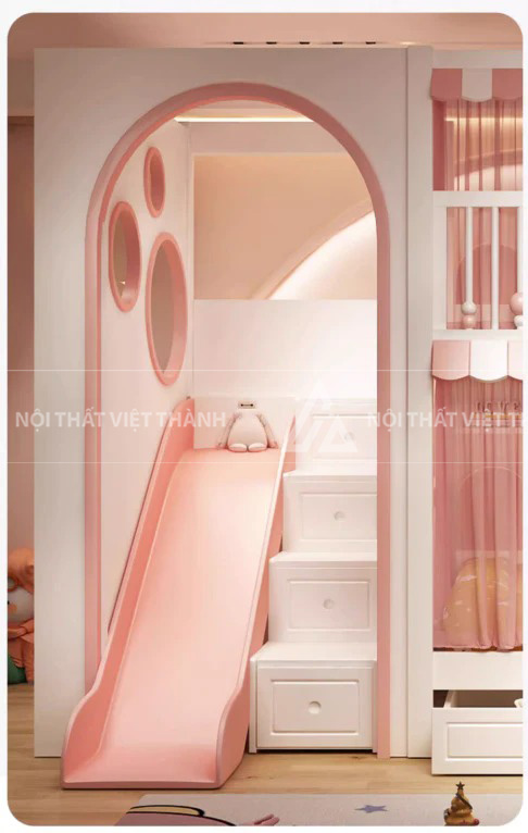 Giường Tầng Gác Mái Hình Ngôi Nhà Có Cầu Trượt Kết Hợp Khu Vui Chơi Và Ngăn Kéo Lưu Trữ Thông Minh 6
