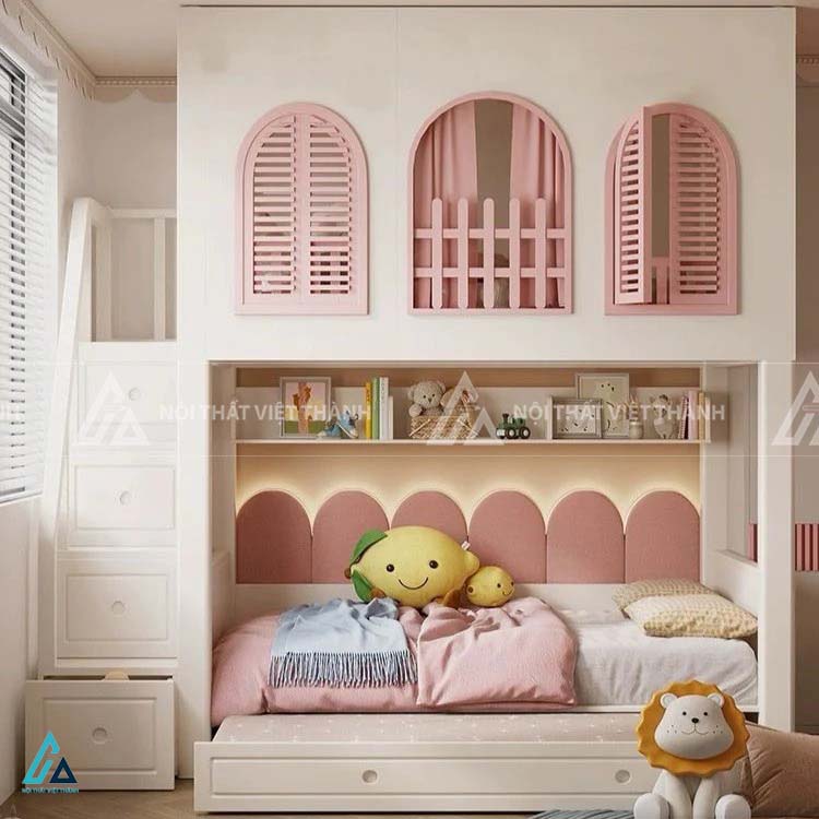 Giường Tầng Thiết Kế Hình Lâu Đài Có Cửa Sổ Vòm Tích Hợp Cầu Thang Và Giường Phụ Thông Minh