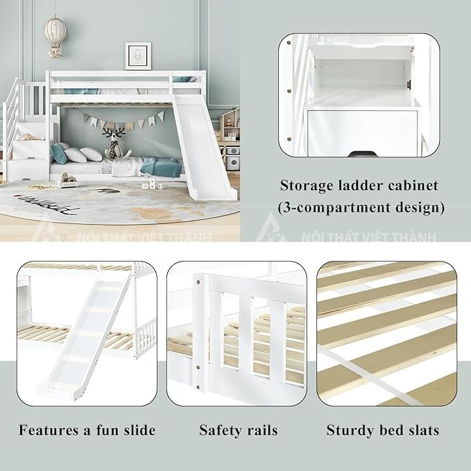 Giường Tầng Trẻ Em Thiết Kế Hiện Đại Có Cầu Trượt Với Cầu Thang Đứng Chắc Chắn 6
