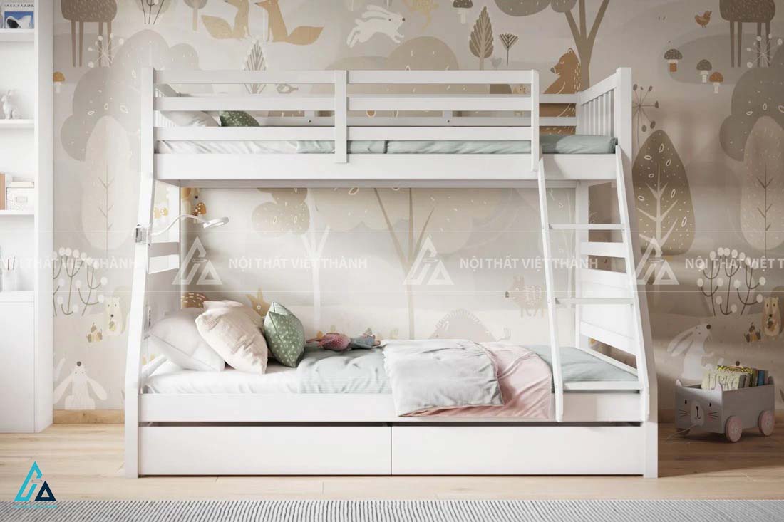 Giường Tầng Trẻ Em Thiết Kế Chữ A Tích Hợp Ngăn Kéo Gầm Giường Và Cầu Thang Nghiêng An Toàn