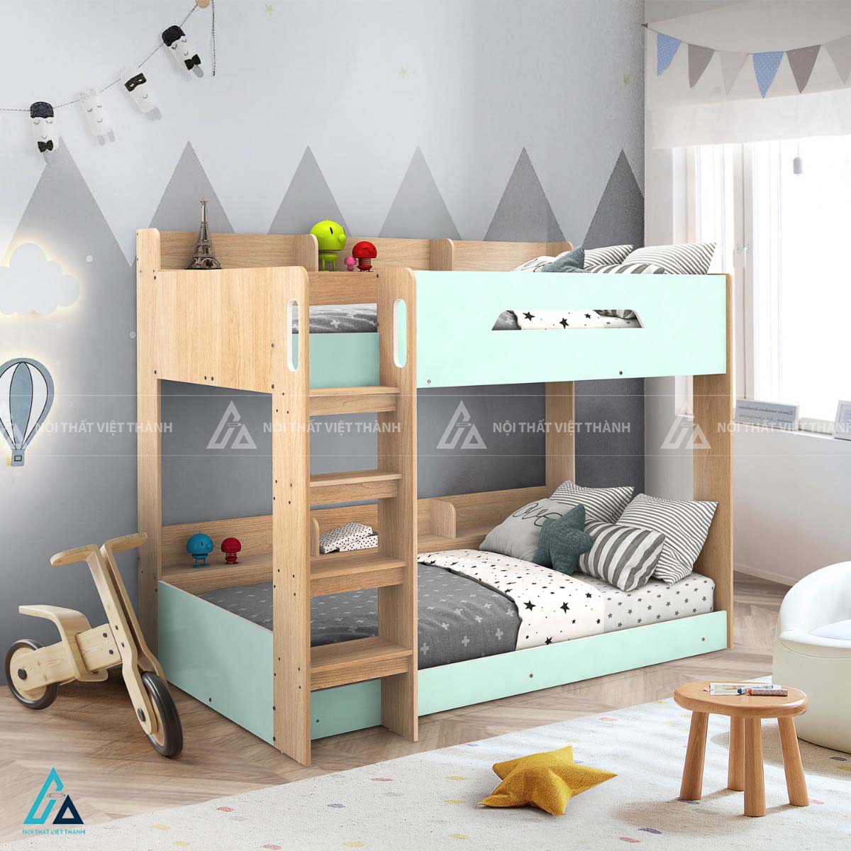 Giường Tầng Trẻ Em Hiện Đại Tích Hợp Kệ Sách Đầu Giường Và Thang Leo Bản Rộng An Toàn 1