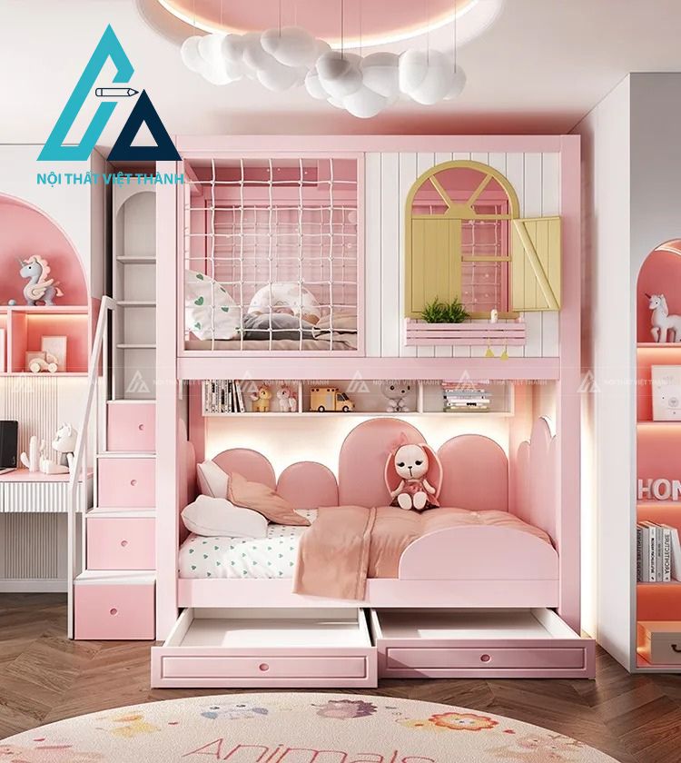 Mẫu giường tầng thông minh màu hồng