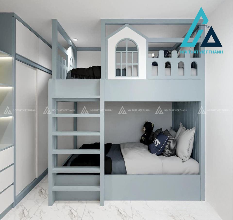 Giường tầng xanh dương đồng bộ nội thất phòng