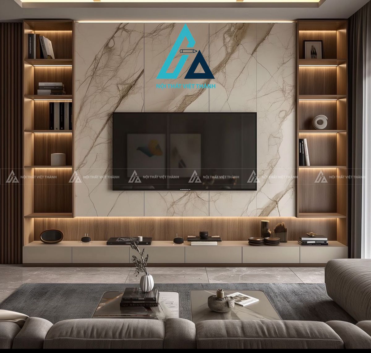 Kệ tivi gỗ kết hợp đèn led
