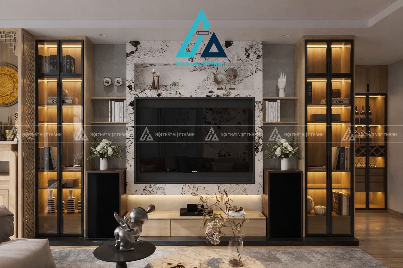 Kệ tivi hiện đại kết hợp đèn led