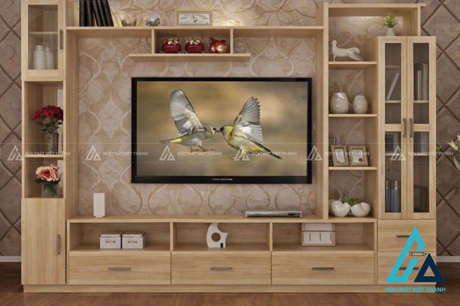 Mẫu kệ tivi kết hợp kệ trang trí