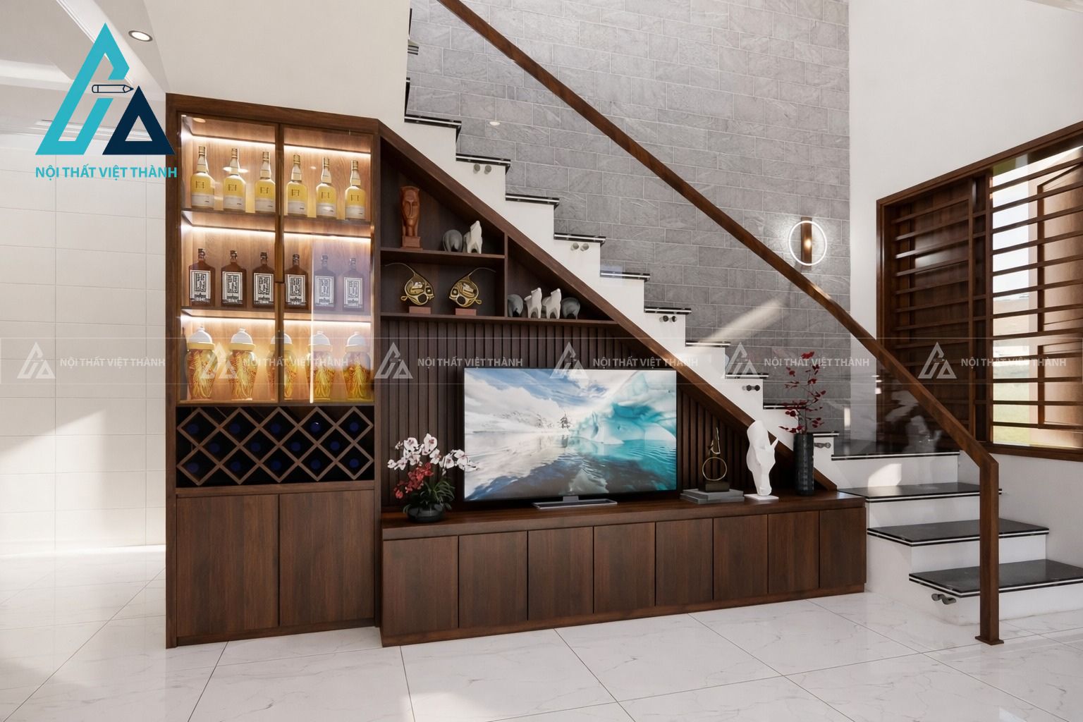 Kệ tivi dưới chân cầu thang gọn gàng