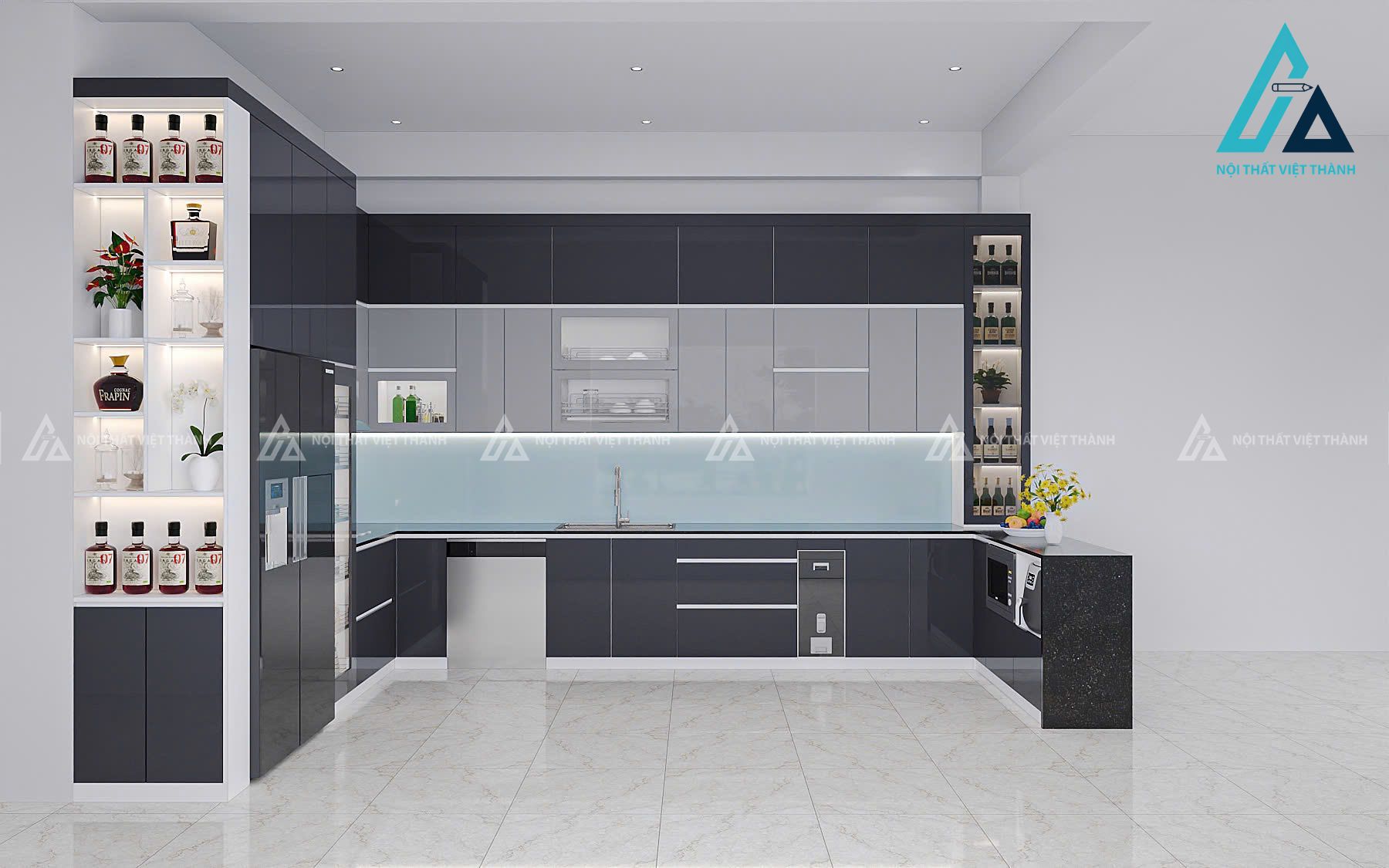 Mẫu tủ bếp gỗ công nghiệp xám- đen