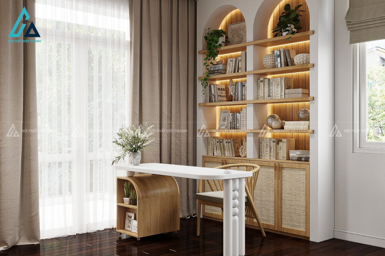Kệ sách âm tường tone trắng- vàng kết hợp đèn led