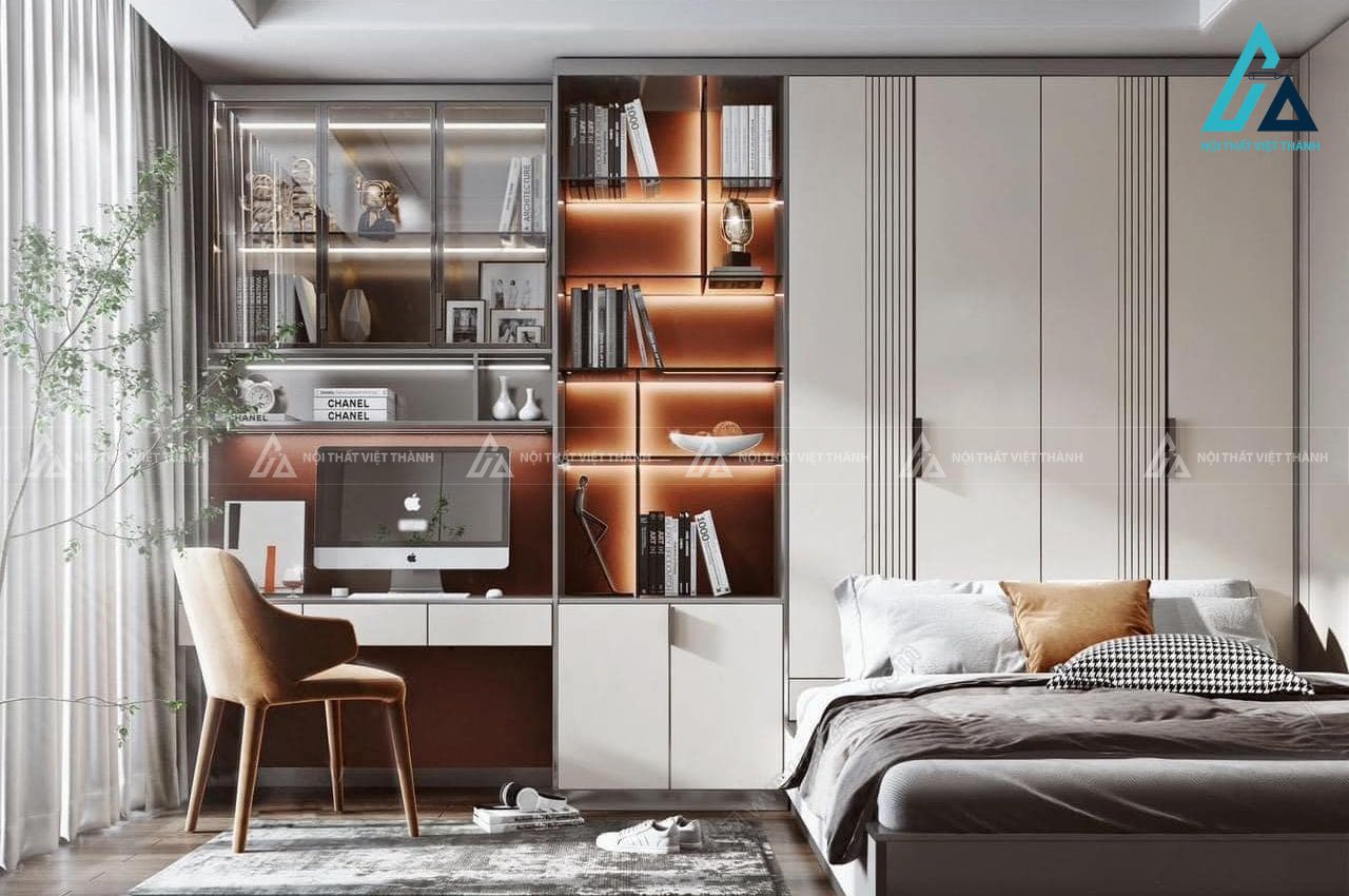 Kệ sách kết hợp bàn làm việc trong phòng ngủ