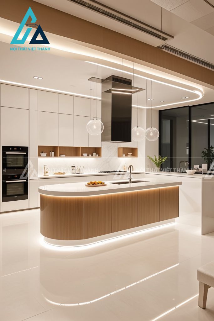 Căn bếp cao cấp kết hợp hệ đèn nổi bật