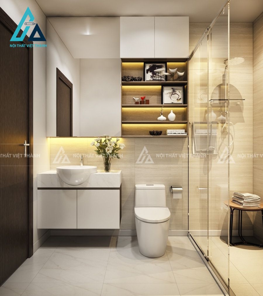 Nhà vệ sinh cửa kính kết hợp nhiều ngăn kệ lưu trữ