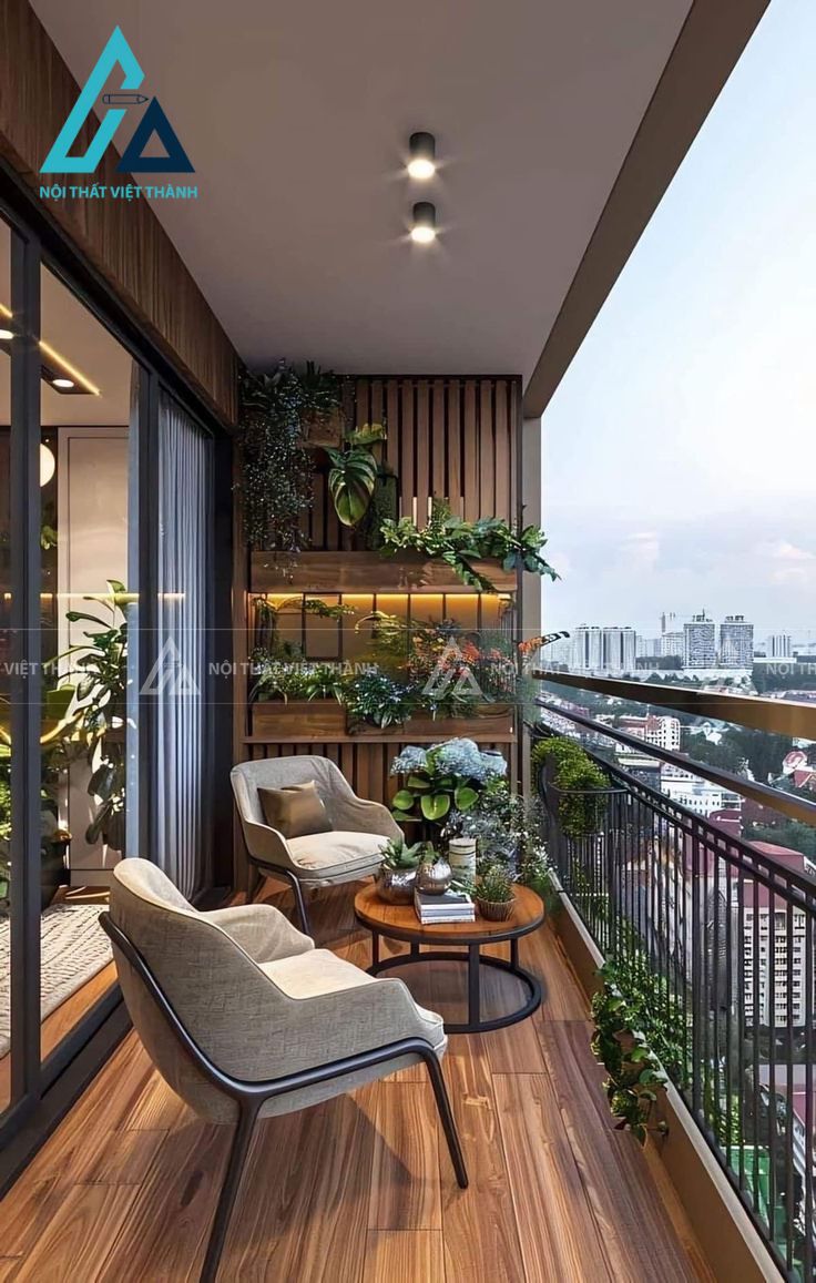 Ban công hiện đại với ghế nệm và giàn cây leo