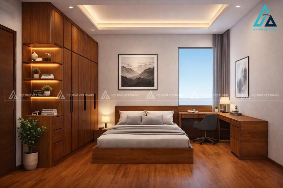 Tủ quần áo kết hợp kệ trang trí có đèn led