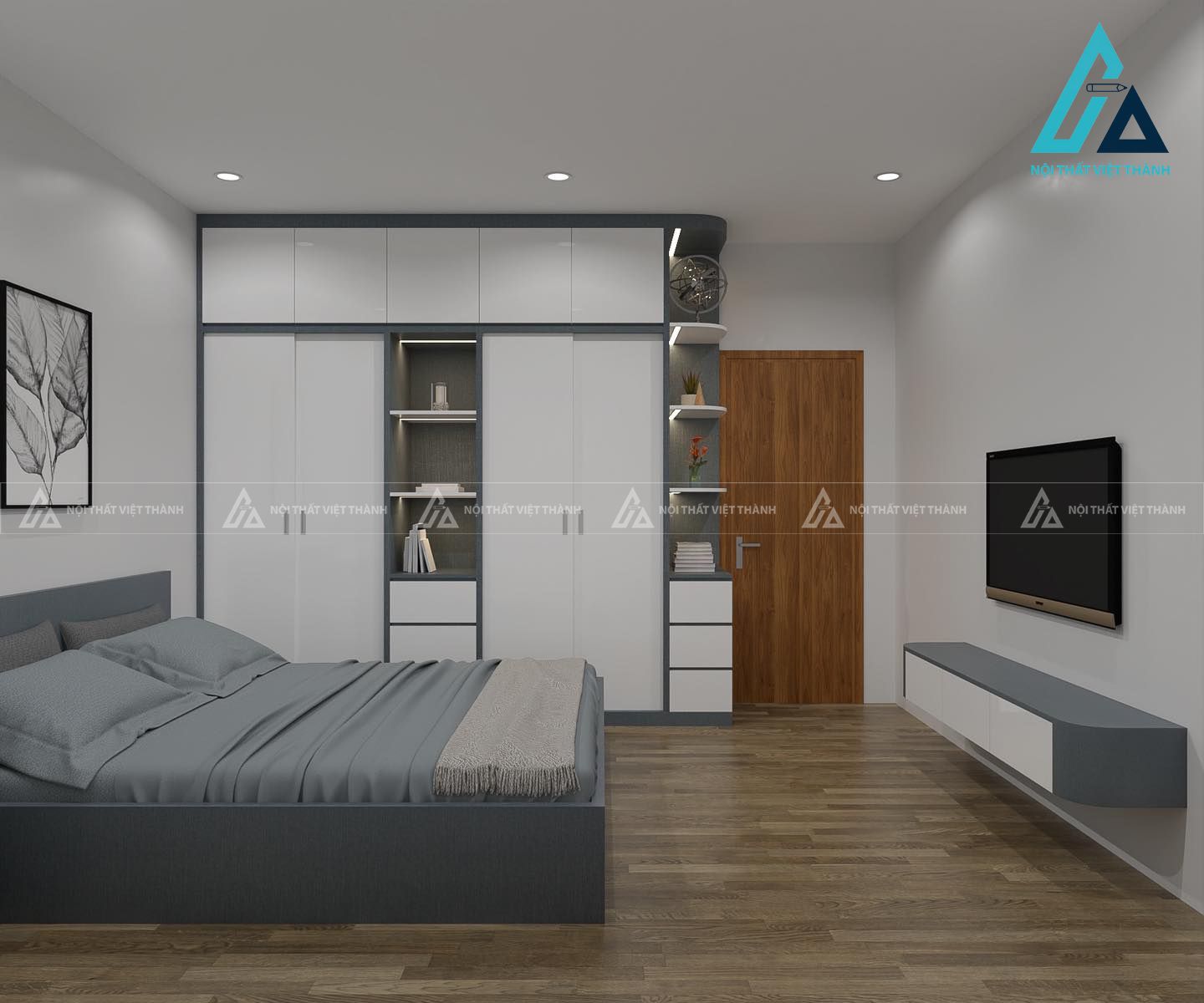 Tủ quần áo tone trắng- xám đồng bộ nội thất phòng ngủ