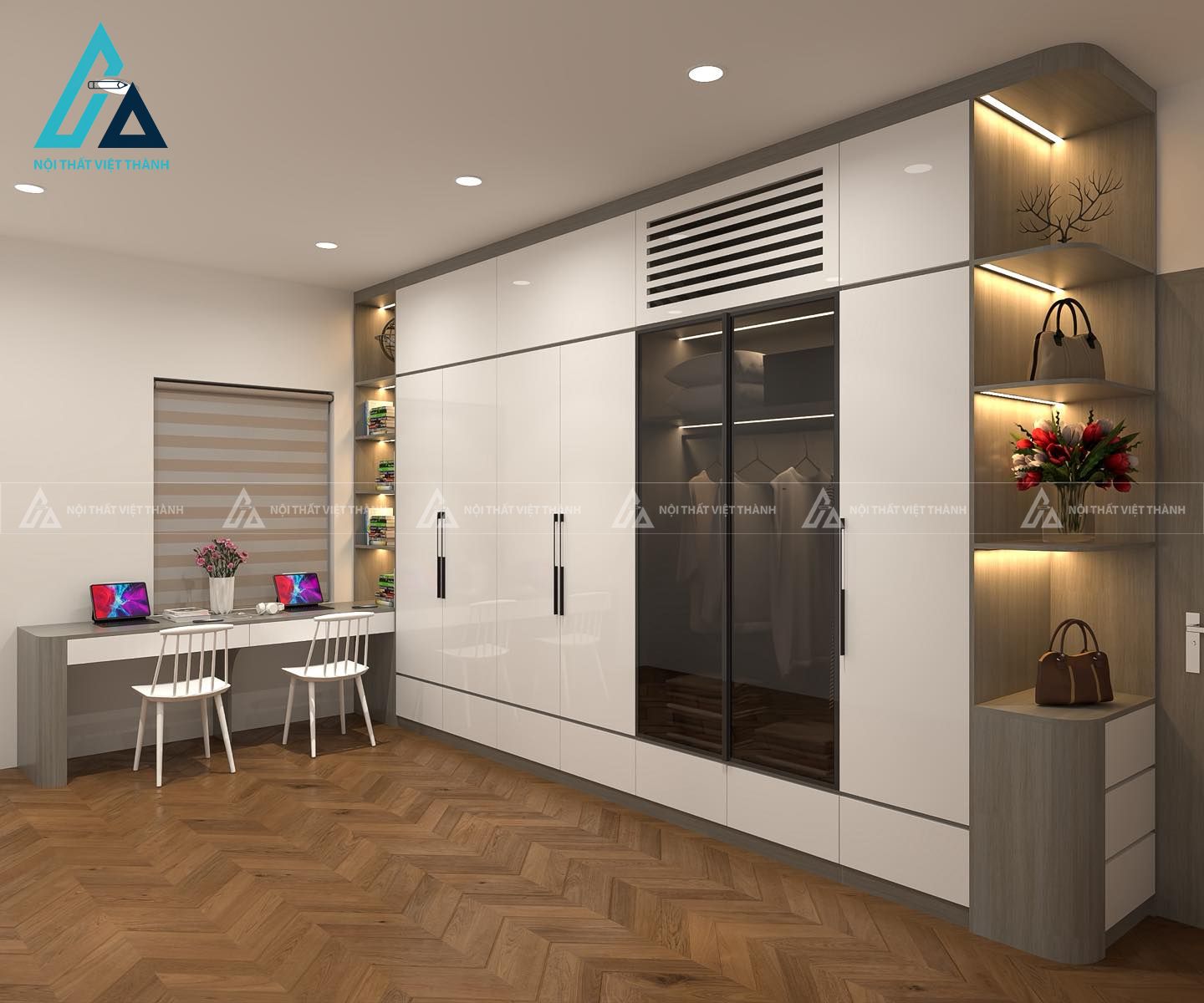 Tủ quần áo kết hợp kệ trang trí và đèn led