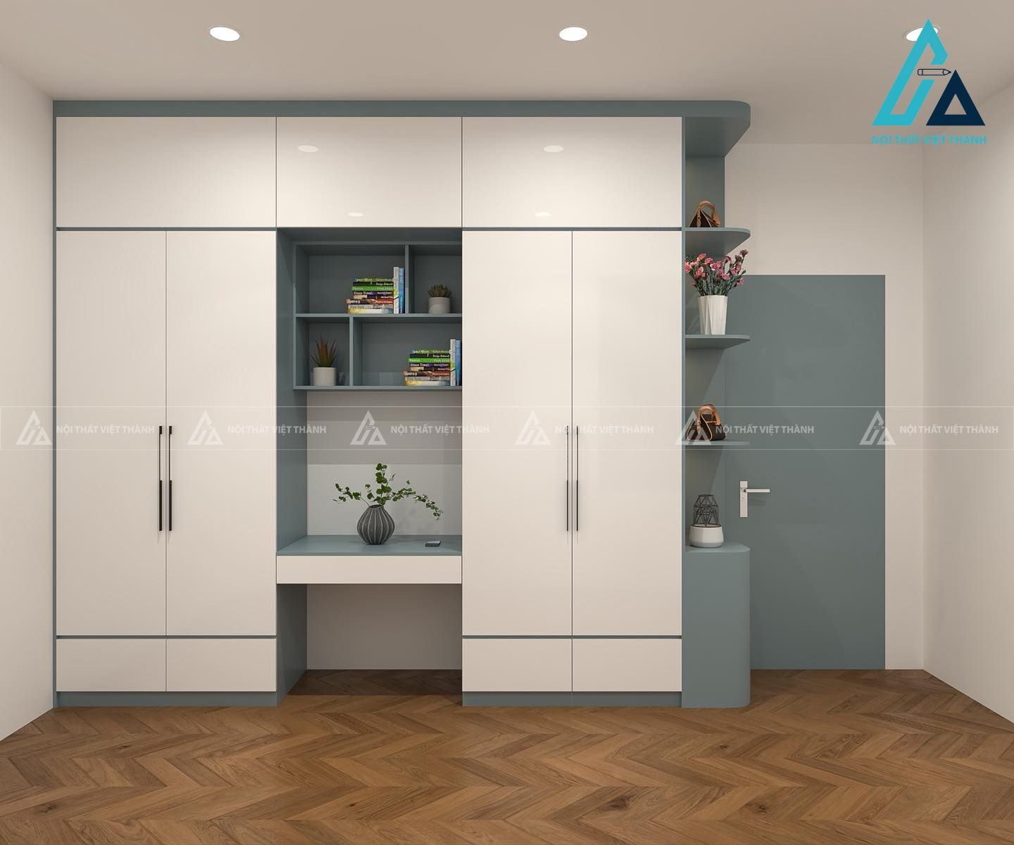 Tủ quần áo xanh- trắng có bàn làm việc và kệ sách
