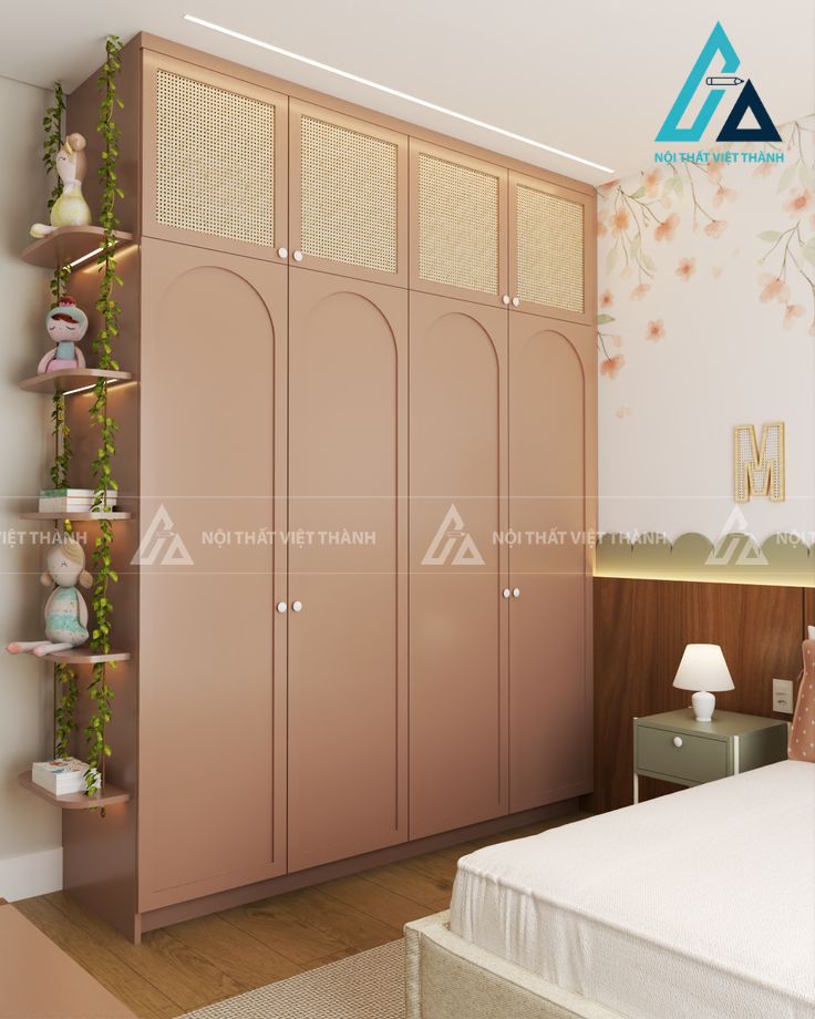 Tủ quần áo hồng kịch trần có kệ trang trí đáng yêu