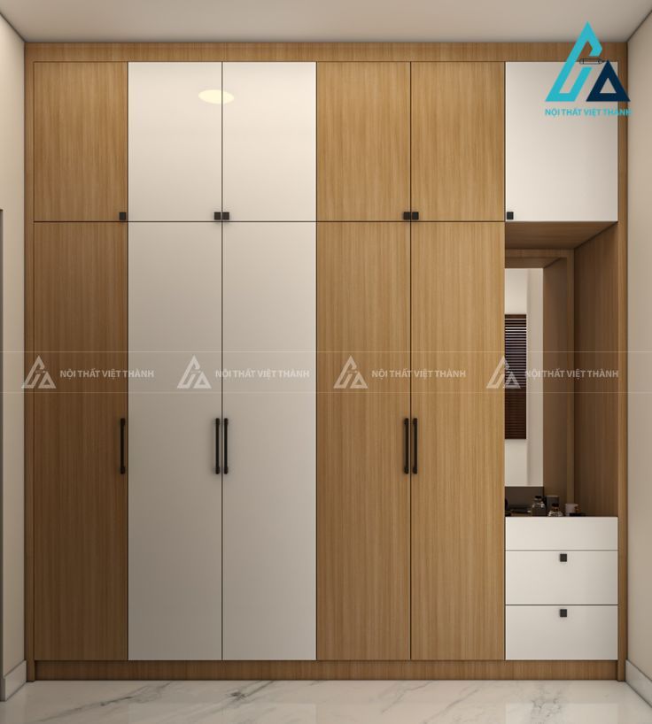 Tủ quần áo vàng-trắng có kệ và ngăn kéo ngoài 